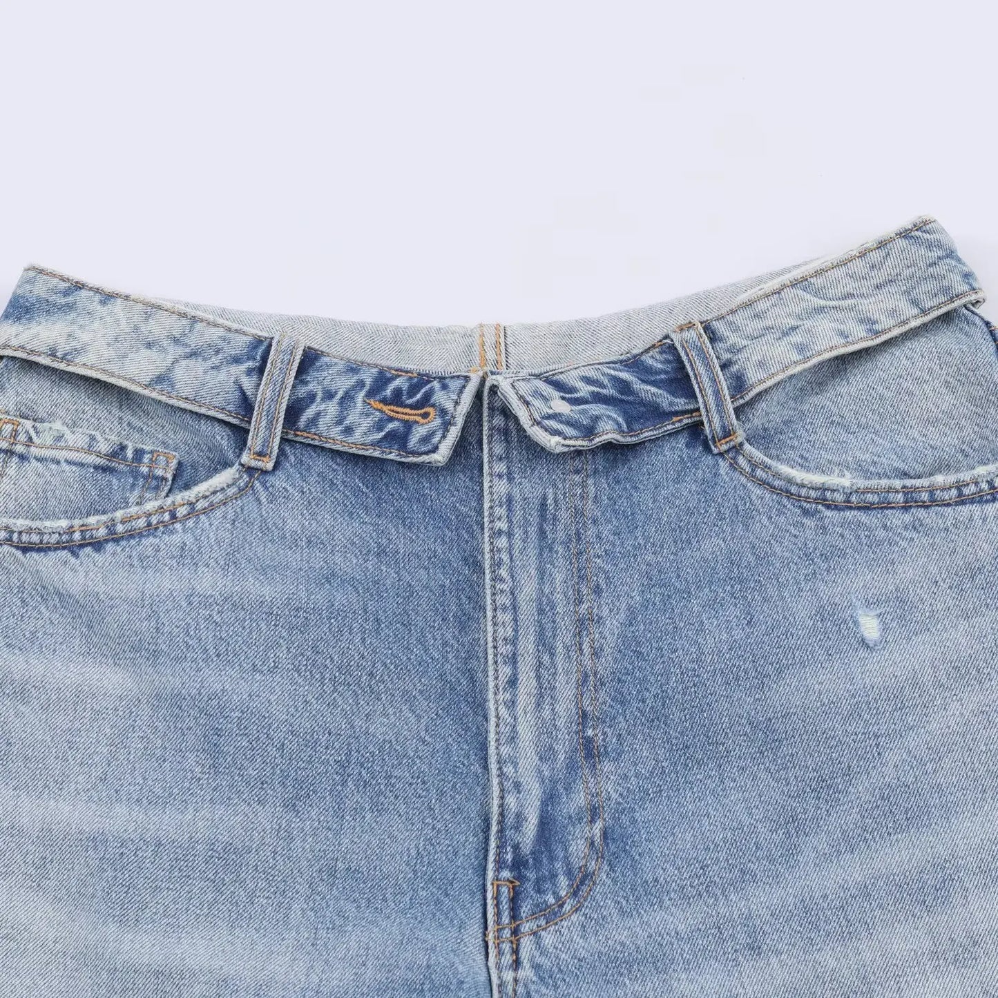 HH Women's 2025 New Fashion Retro Versatile Mid-Waist Turn-Down Jeans Female High Street Casual Ripped Decorative Wide Leg Pants