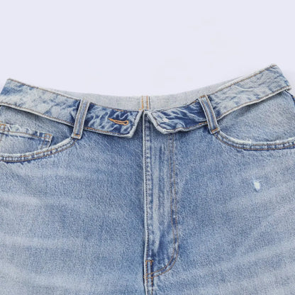 HH Women's 2025 New Fashion Retro Versatile Mid-Waist Turn-Down Jeans Female High Street Casual Ripped Decorative Wide Leg Pants