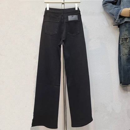 2025 New Fashion Summer Women's Jeans High Waist Single Sided Full Rhinestone Black Straight Wide Leg Denim Pants