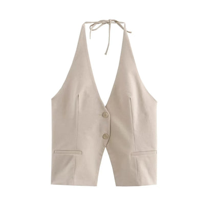 Front Button Tank Tops for Women, Tied Halter Neck, Backless, Female Camis, Sexy Fashion