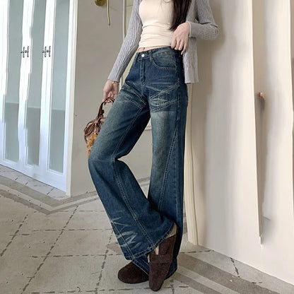 Woman High Waist Vintage Flare Jeans Korean Fashion Slimming Washed Denim Pants Women Y2K 2000S Streetwear Wide Leg Trousers