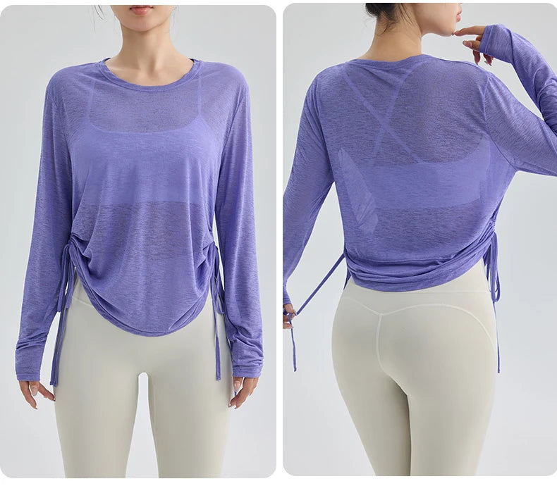 Thin Sunscreen Clothes Yoga Loose Top Drawstring Long Sleeve T-shirt Women's Gym Outdoor Exercise Clothing