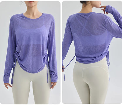 Thin Sunscreen Clothes Yoga Loose Top Drawstring Long Sleeve T-shirt Women's Gym Outdoor Exercise Clothing