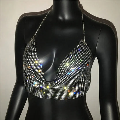 Shiny Rhinestone Tank Tops For Women Sexy Deep V Neck Backless Crop Tops For Women Rave Party Nightclub Camisole Y2K New