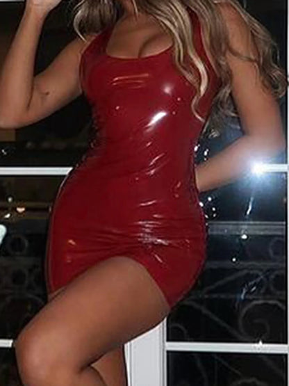 2025 Sexy Red Shiny Leather Mini Dresses Fashion Vintage Clubwear Sleeveless Clothing Bodycon HotSweet Women's Outfits