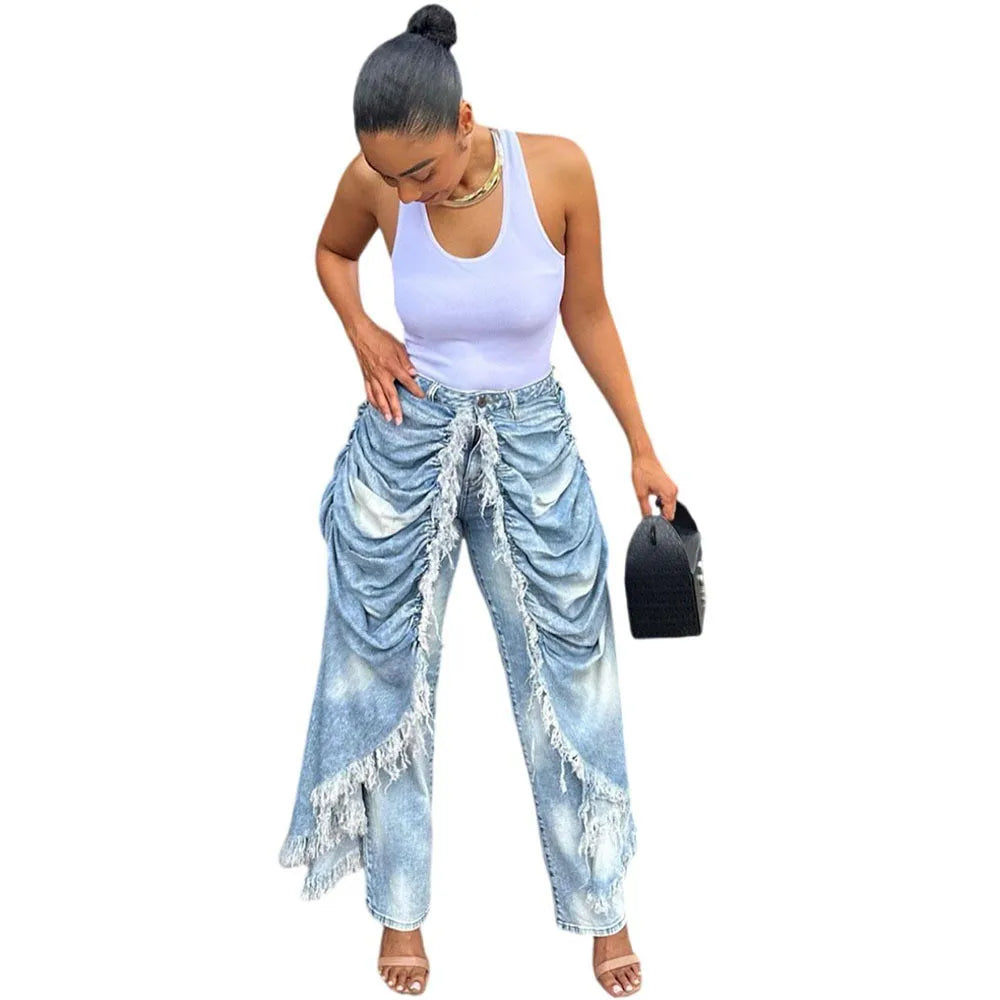 WTHT New Trendy Women Wrinkled Burr Edge Design Straight Jeans 2025 Winter Fashion High Waist Casual Denim Pants Female 1LS2770