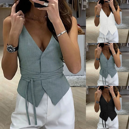 Active Tops for Women Womens 2024 Summer Fashion Casual Tops British Style Solid Color V Neck Receive Waist Crop Tops for Women
