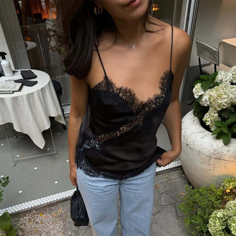 MUJER Women's Tops Black Lace Top Female Sexy Backless Tops for Women Camisole Sleeveless Tops Woman Coquette Tanks Camis Tops