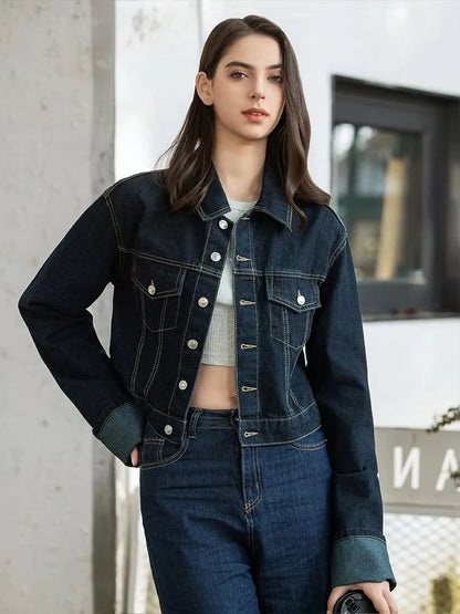 HH Women Fashion Denim Set Casual Lapel Long Sleeve Crop Jacket Buttons Female Vintage Wide Leg Loose Jeans Long Pants