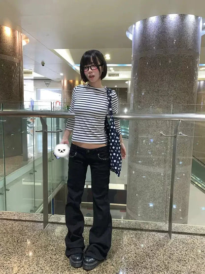 Women Vintage Black Low Rise Flared Jeans Denim Pants American Retro Rivet Slim 90s Bell Bottom Y2k Harajuku Kpop Trousers