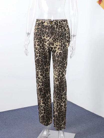High-Waisted Leopard Print Denim Jeans for Women Retro Slim Straight Leg Trousers Vintage Y2k Hip Hop Streetwear Lady Fashion