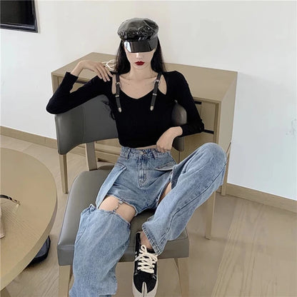 Women Straight Leg Ripped Jeans For Women Fashion Loose Hole Streetwear Women High Waist Pants Hole Denim Trousers