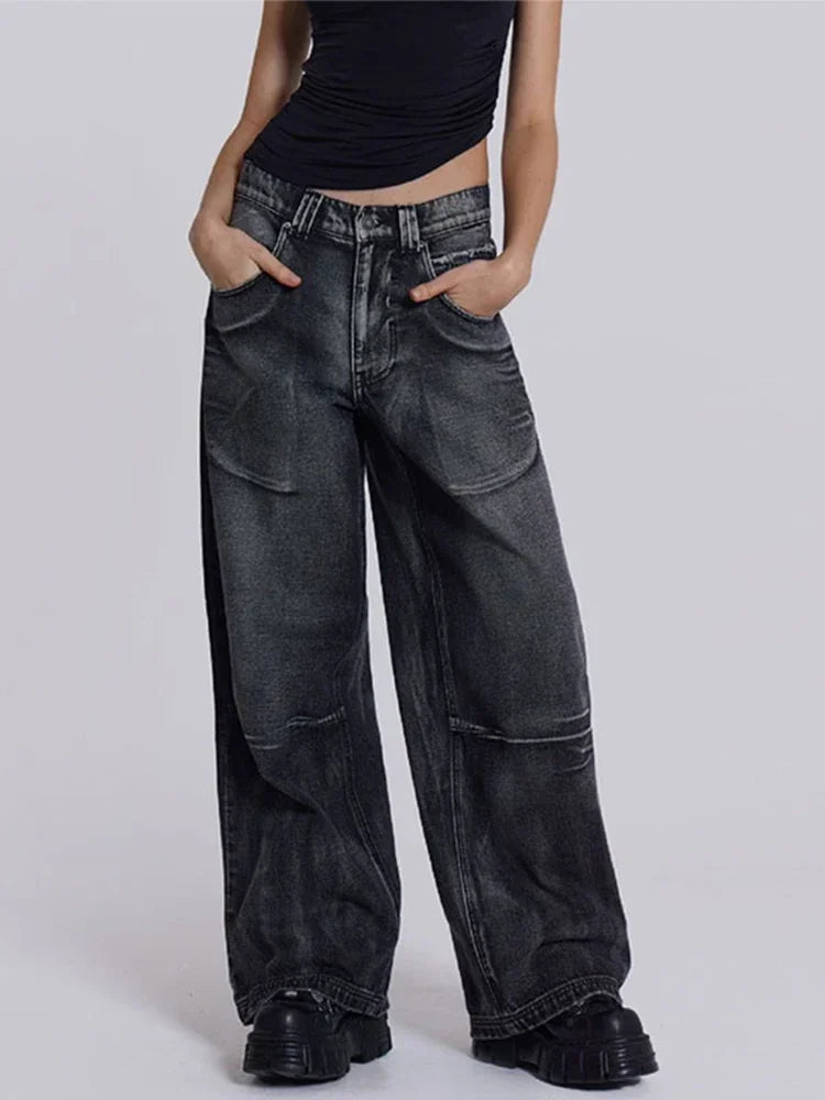 Women's Vintage Baggy Jeans High-Waisted Wide Leg Denim Pants with Back Wing Print Washed Y2K Streetwear 2025 Spring Summer Chic