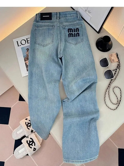 Letter Embroidered Straight-leg Jeans Women's Spring New High-waisted and Thin Loose Light Blue Straight-leg Pants