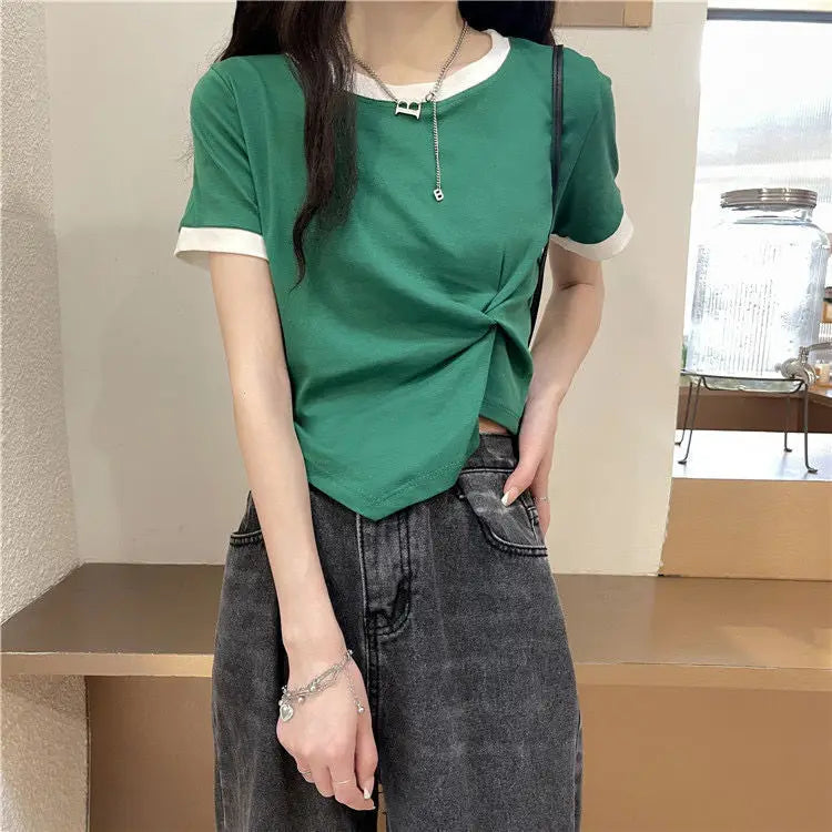 Women's Tops Trendy French Niche Girls T-shirts Chic Irregular Splicing Contrasting Colors Korean Style Modification Ins Style