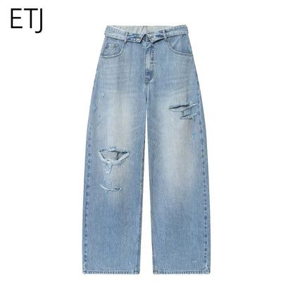 ETJ 2025 women's new street fashion fold waist mid waist washed ripped jeans loose version of the floor-length pants