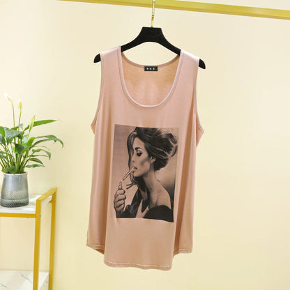 Women Long Tank Tops O-Neck Fashion Print Beauty's Head Casual Loose sleeveless T-shirt streetwear camis tops