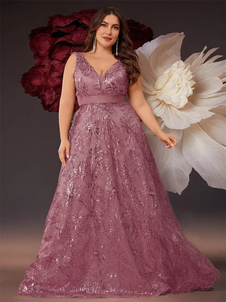 Plus Size Luxury Deep V-Neck Sequins Blue Evening Dress Women Elegant V-back Wedding Party Long Prom Cocktail Dresses