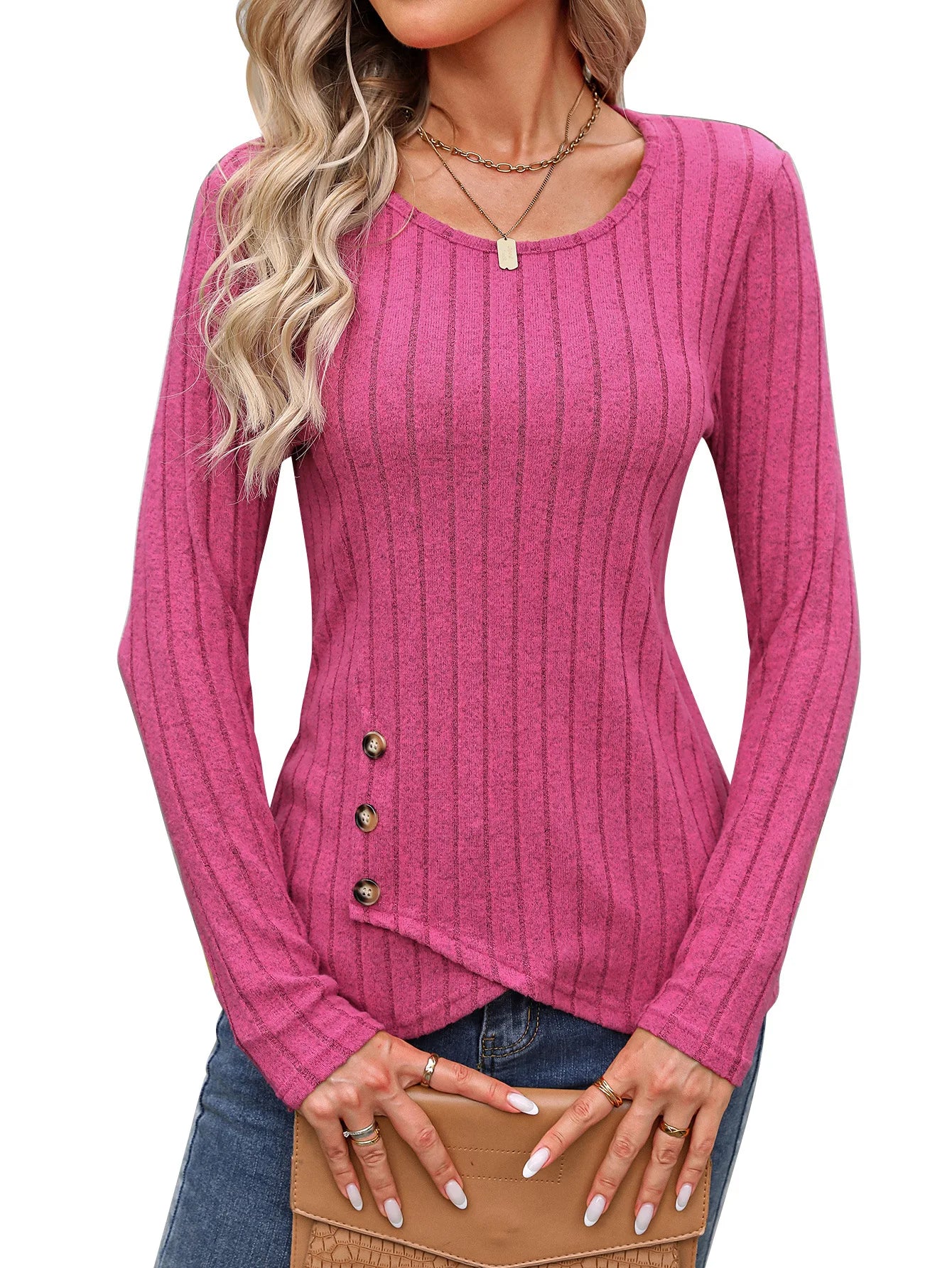 Women's Clothing Western Tops 2024 hot autumn new waist cinched round neck tight long sleeved top Europe America T-Shirts Tees
