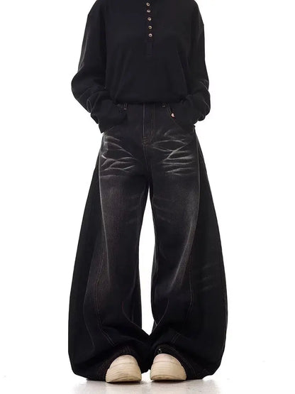 Washed blue textured high waisted retro casual jeans suitable for women in spring and autumn new Harajuku loose wide leg pants