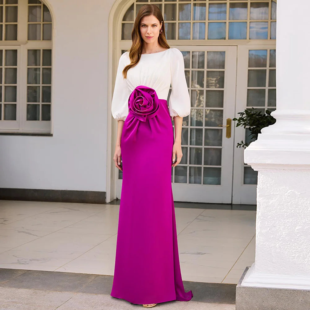 Modern Wedding Guest Dresses Customized Scoop Neck Puff Sleeves Big Flower Floor Length Mother of The Bride Dress Evening Gown