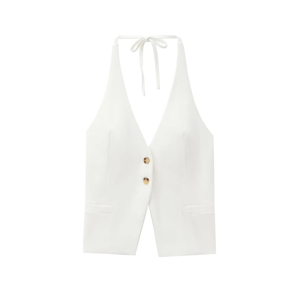 Front Button Tank Tops for Women, Tied Halter Neck, Backless, Female Camis, Sexy Fashion