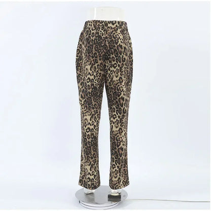 High-Waisted Leopard Print Denim Jeans for Women Retro Slim Straight Leg Trousers Vintage Y2k Hip Hop Streetwear Lady Fashion