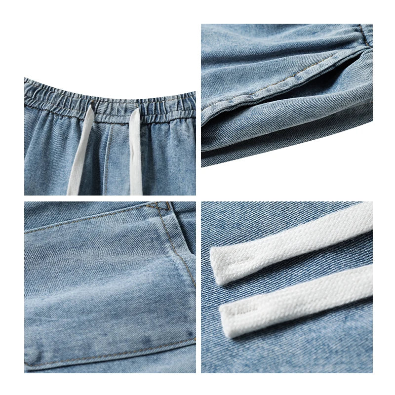 2025 New Elastic Waist Drawstring Solid Color Loose Fit Wide Leg Jeans Wide Leg Trendy High Waist Denim Pants for Men Women 3XL