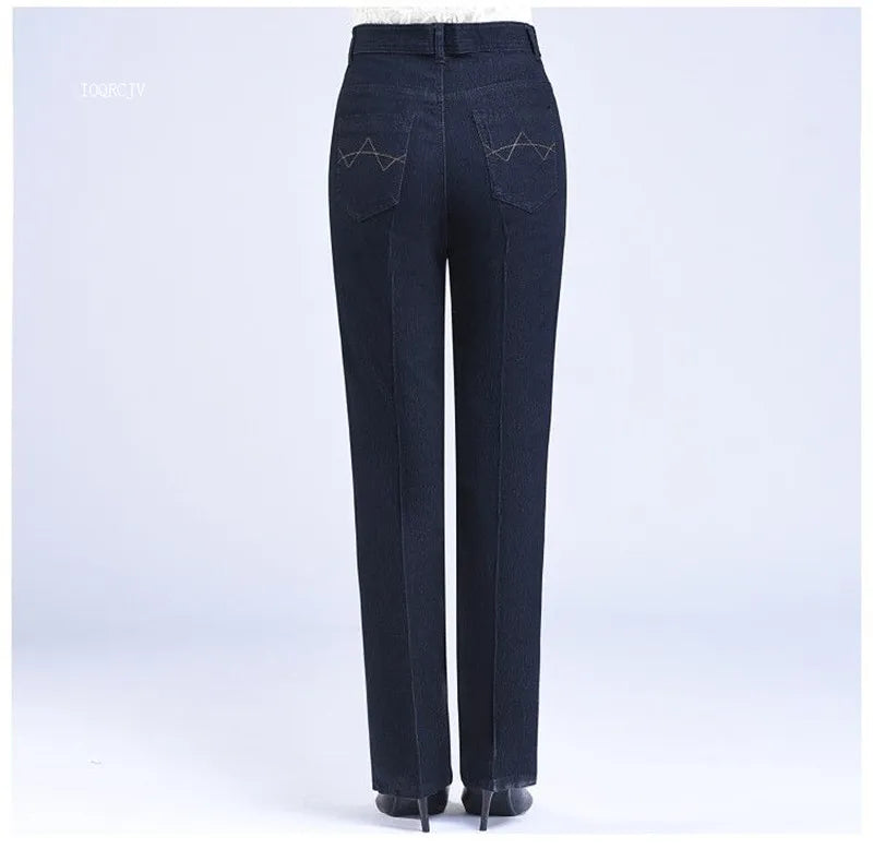 Middle-aged Women's Jeans Spring Autumn High Waist Solid Color Denim Pants Large Size Loose Female Straight Casual Cowboy Pants