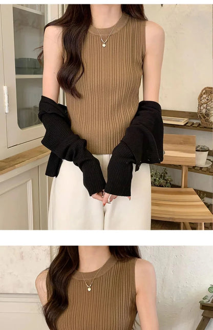 2026 Women Knitted Green Tank Tops Women Thin Tops Basic Casual Tank Tops O-neck Tees Sleeveless Tops For Women