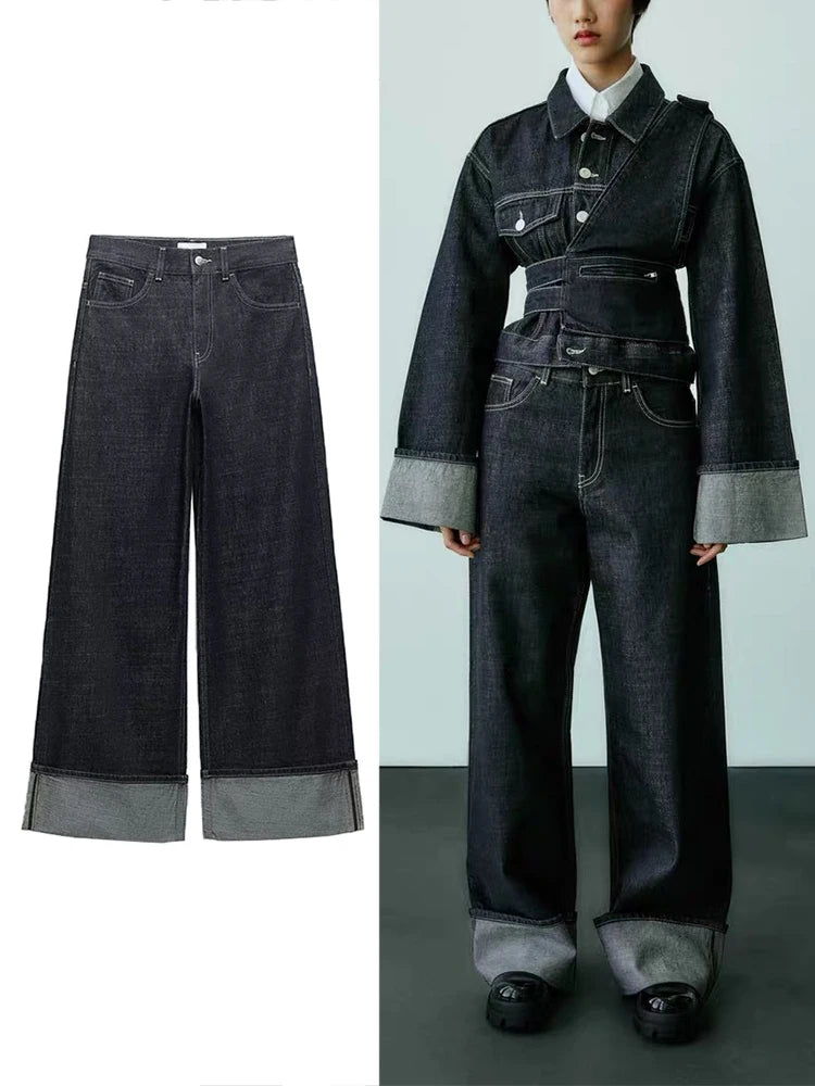 Women's New High-Waisted Jeans Slim High-Waisted Trailing Trousers Rolled Leg Loose Jeans Fashion Casual Wide-Leg Jeans