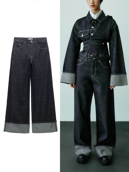 Women's New High-Waisted Jeans Slim High-Waisted Trailing Trousers Rolled Leg Loose Jeans Fashion Casual Wide-Leg Jeans