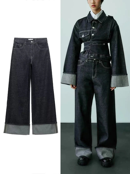 Women's New High-Waisted Jeans Slim High-Waisted Trailing Trousers Rolled Leg Loose Jeans Fashion Casual Wide-Leg Jeans