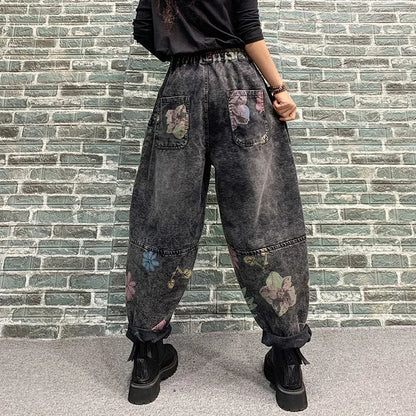 Jeans Woman High Waist Spring Summer Retro Embroidery Denim Trousers Ladies Elastic Waist Harem Pants Loose Jean Femme Pant 124