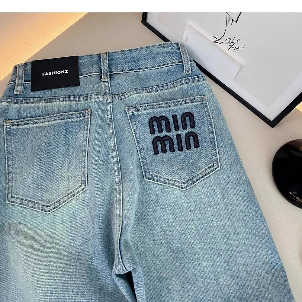Letter Embroidered Straight-leg Jeans Women's Spring New High-waisted and Thin Loose Light Blue Straight-leg Pants