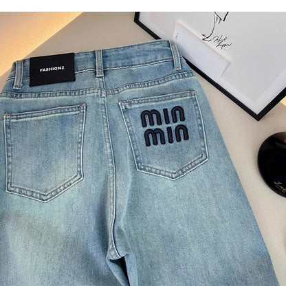 Letter Embroidered Straight-leg Jeans Women's Spring New High-waisted and Thin Loose Light Blue Straight-leg Pants