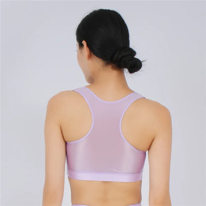 Women's Yoga Fitness Tops Sexy Candy Color UltraShort Crop Fashion Vest V Neck Oil Glossy Silky Smooth Elastic Tight Tanks Tees
