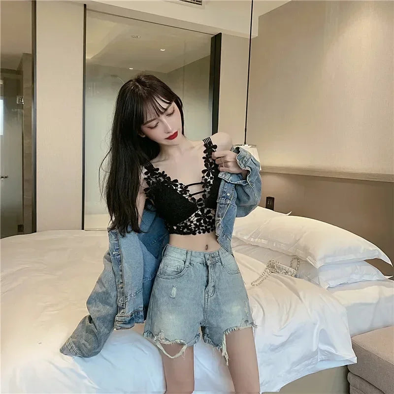 Camis for Women Woman Vest Tank Tops Sexy Strap V-neck Sleeveless Lace Crop Top Backless Loose Female Short Tee Dropshipping