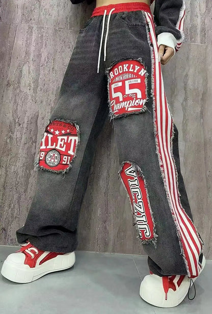 European Style Women's Jeans 2025 Autumn New Heavy-Duty Distressed Frayed Edge Letter Print Drawstring Long Pants Jeans Woman