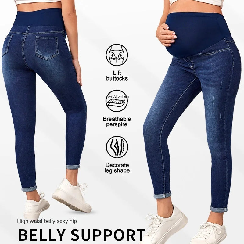 Maternity Women High Waist Support Belly Jeans Fall Pregnant Hip Lifting Elastic Denim Pants Daily Work Wear Streetwear Trousers