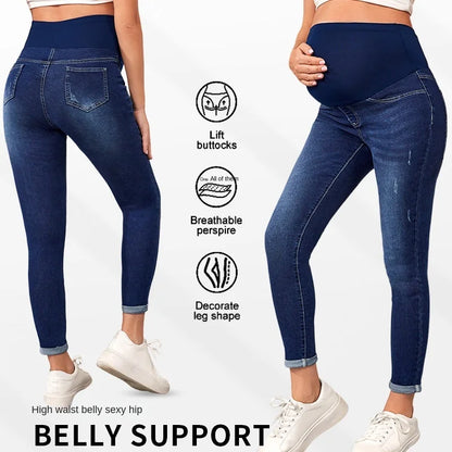 Maternity Women High Waist Support Belly Jeans Fall Pregnant Hip Lifting Elastic Denim Pants Daily Work Wear Streetwear Trousers