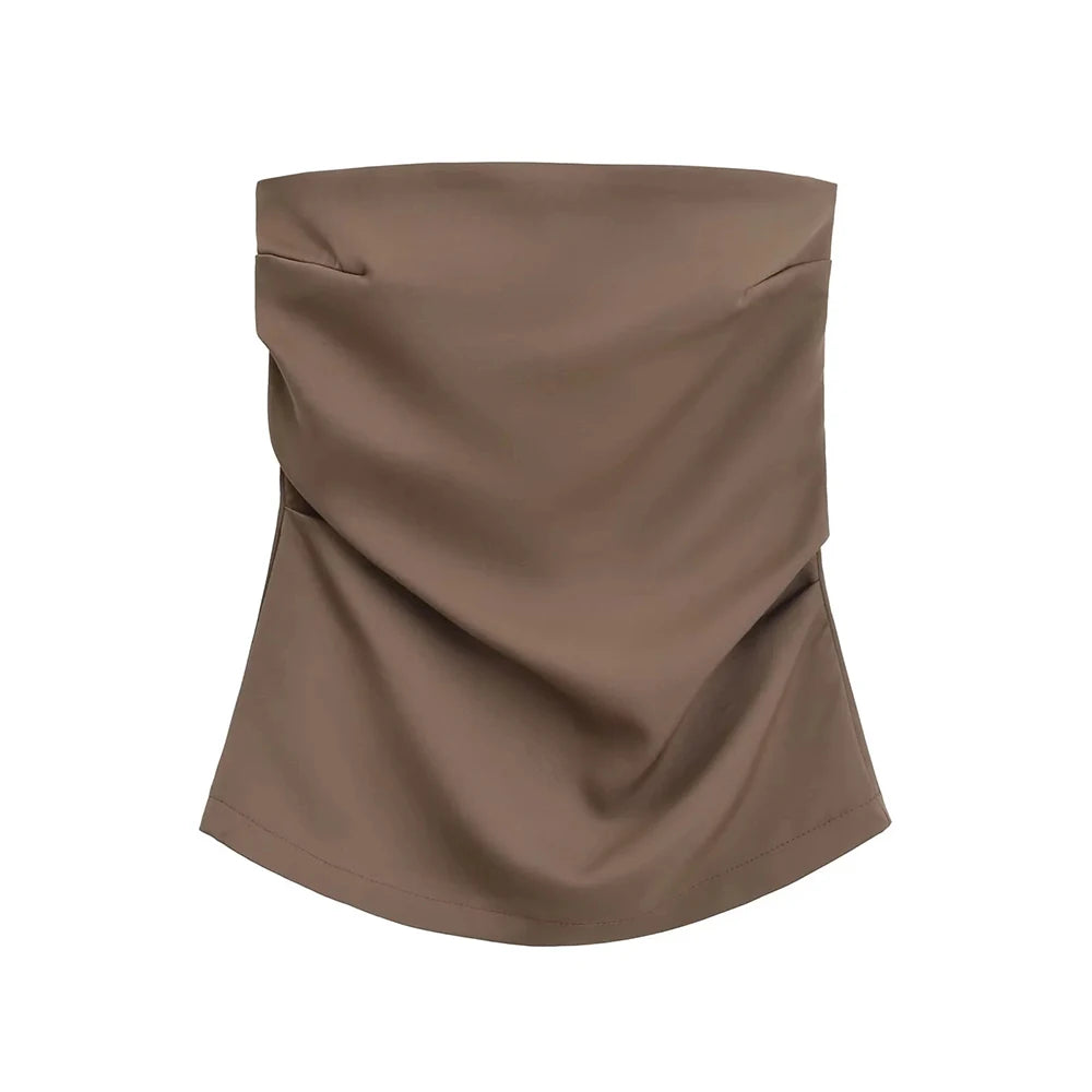 Strapless Draped Bustier Tops for Women, Straight Neck, Back Zipper, Female Camis, Fashion