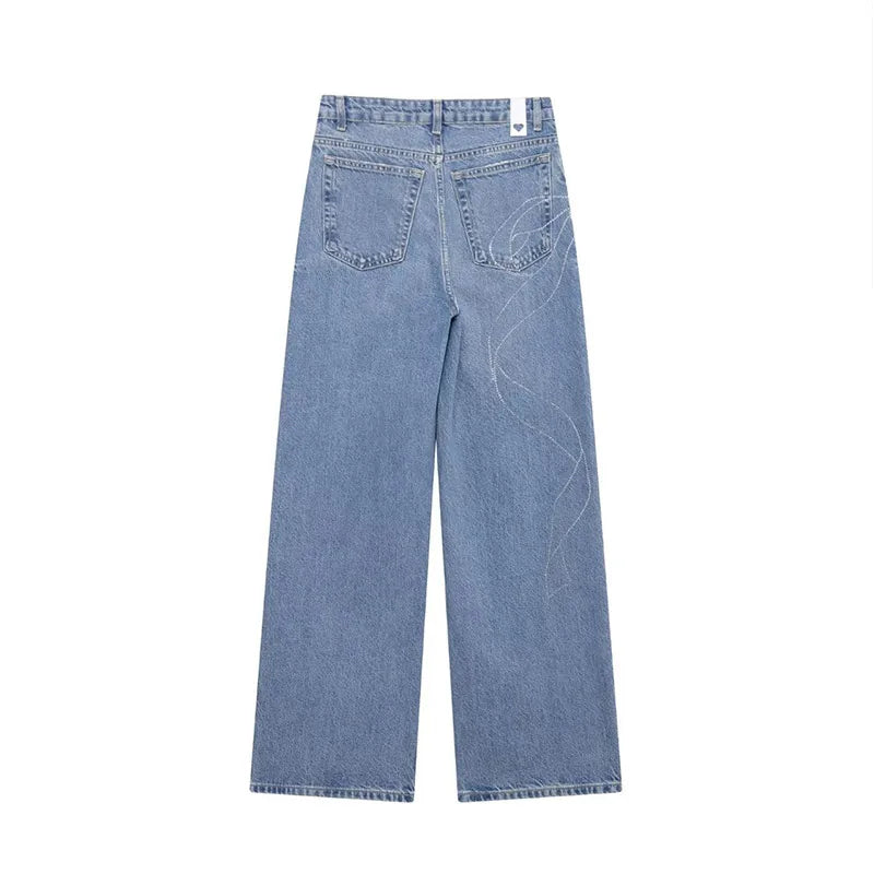 2025 Women Diamonds Denim Jeans Solid Loose Straight Long Pants Woman Casual High Waisted Pockets Streetwear Baggy Trousers