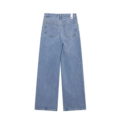 2025 Women Diamonds Denim Jeans Solid Loose Straight Long Pants Woman Casual High Waisted Pockets Streetwear Baggy Trousers