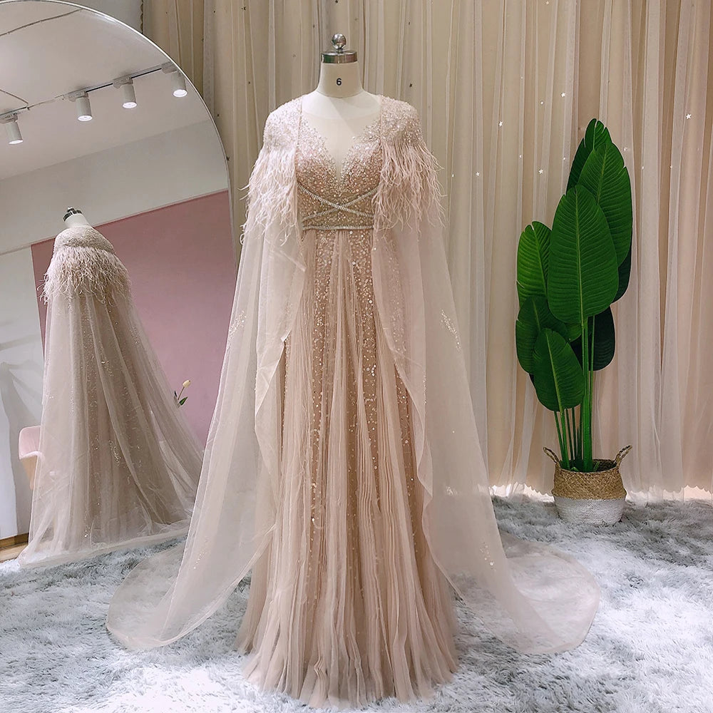 Sharon Said Dubai Luxury Silver Grey Evening Dresses with Feather Cape Shawl Arabic Women Wedding Party Formal Prom Dress SS147