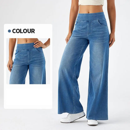 Women Jeans With Pockets Elastic High Waist Solid Color Full Length Pants Straight Wide Leg Trousers Sweatpant Daily Commuting