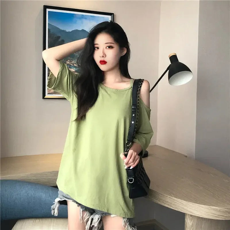 Tops Woman Plain Off Shoulder T Shirt for Women Coquette Clothes Black Sexy with Straps Y2k Sleeves Harajuku Fashion Pulovers