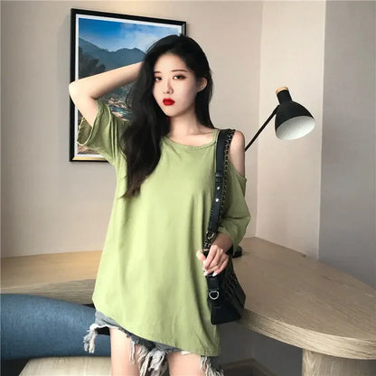 Tops Woman Plain Off Shoulder T Shirt for Women Coquette Clothes Black Sexy with Straps Y2k Sleeves Harajuku Fashion Pulovers