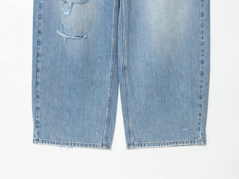 ETJ 2025 women's new street fashion fold waist mid waist washed ripped jeans loose version of the floor-length pants