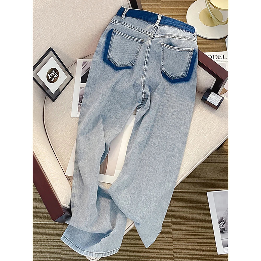 Oversize Straight Loose Jeans for Women Fashion High Waist Contrast Color Blue Denim Pants Streetwear Wide Leg Trousers
